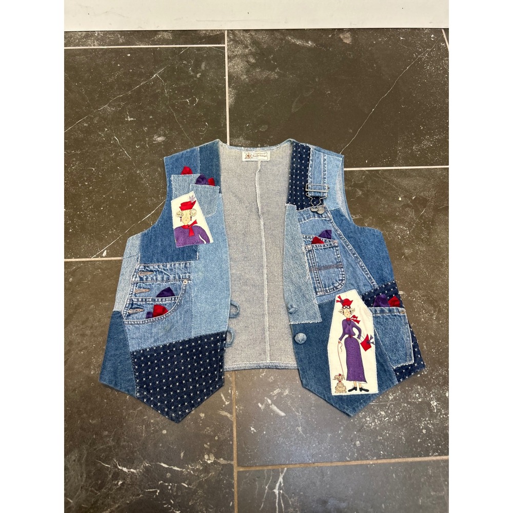 Thimble Boutique Denim Patchwork Vest Women Medium Blue Red Hat Society Art Wear